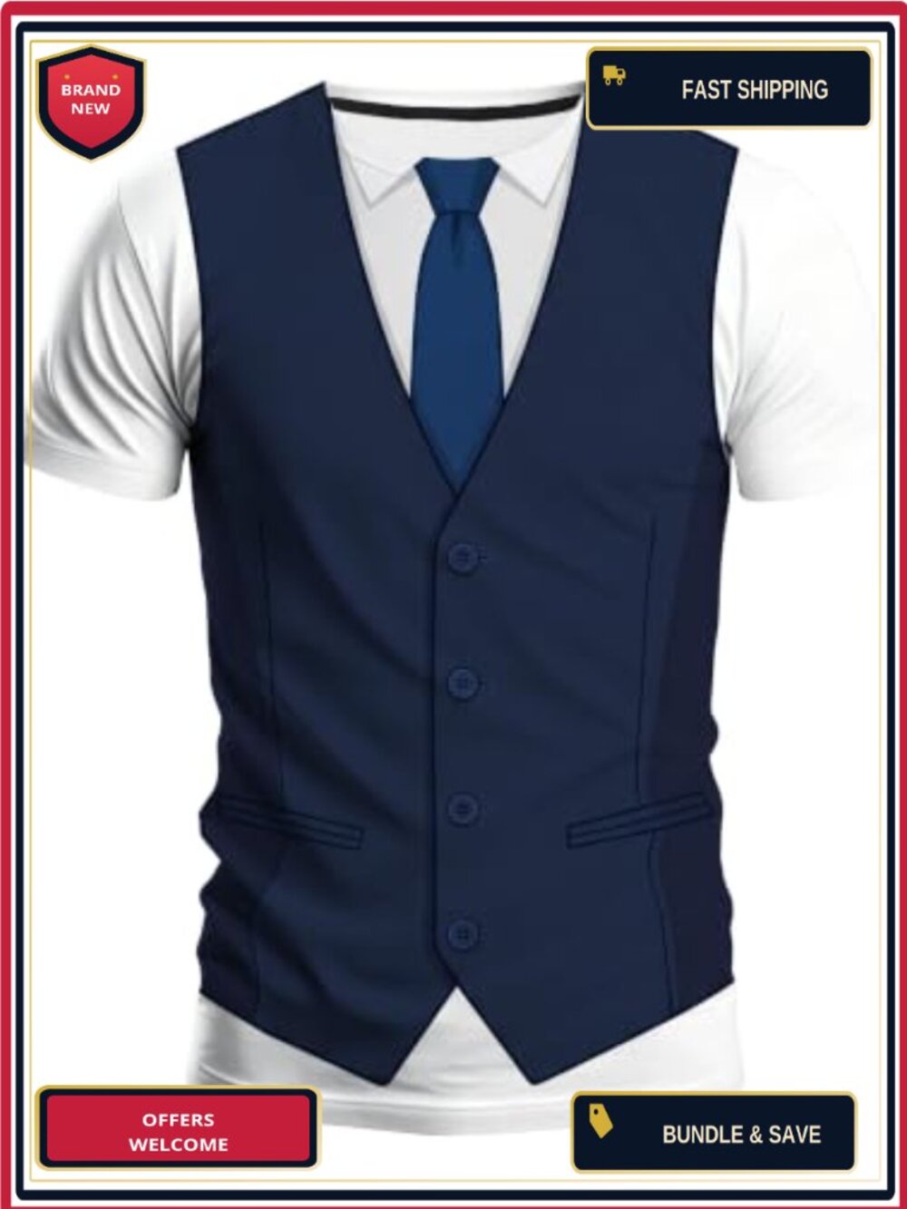 Men Novelty Fake Suit Tie Print T-Shirt Polyester Crew Neck Tee